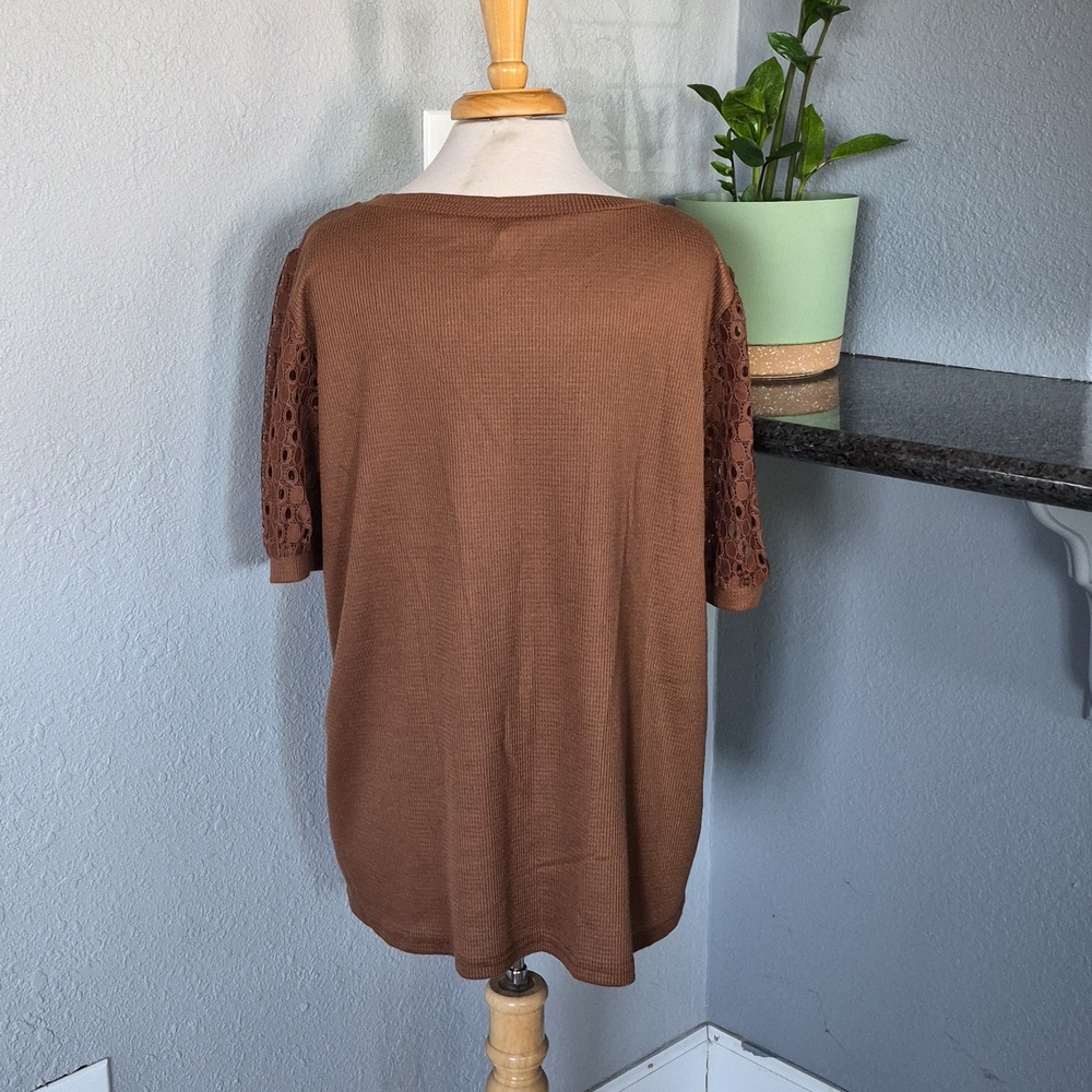 Plus Size V-Neck Brown Knit Top with Lace Sleeves | Size 2X - Picture 3 of 5